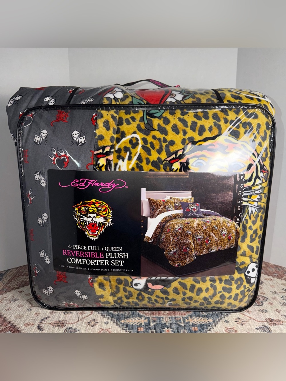 Ed Hardy Yellow and Black Leopard Reversible Plush Comforter Set